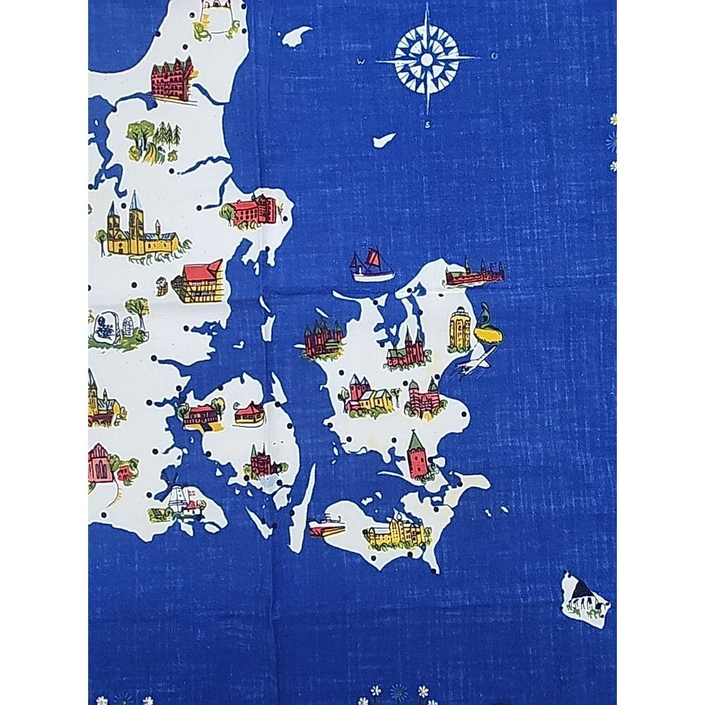Vtg Tablecloth Fabric Ingrid Pedersen Denmark Souvenir 36” By 36” Blue